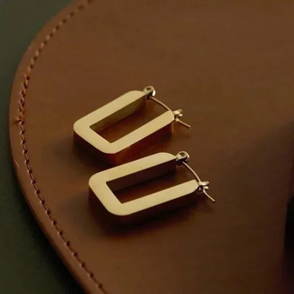 18k Gold Plated Thick Chunky Hollow Square Circle Geometric Gold Hoop Earrings - Picture 6 of 7